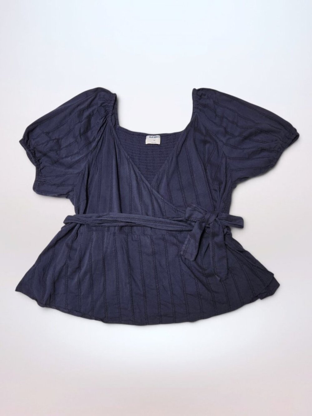 Old Navy Navy Blue Puff-Sleeve Smocked Dobby-Stripe Wrap Blouse (Size 3X)